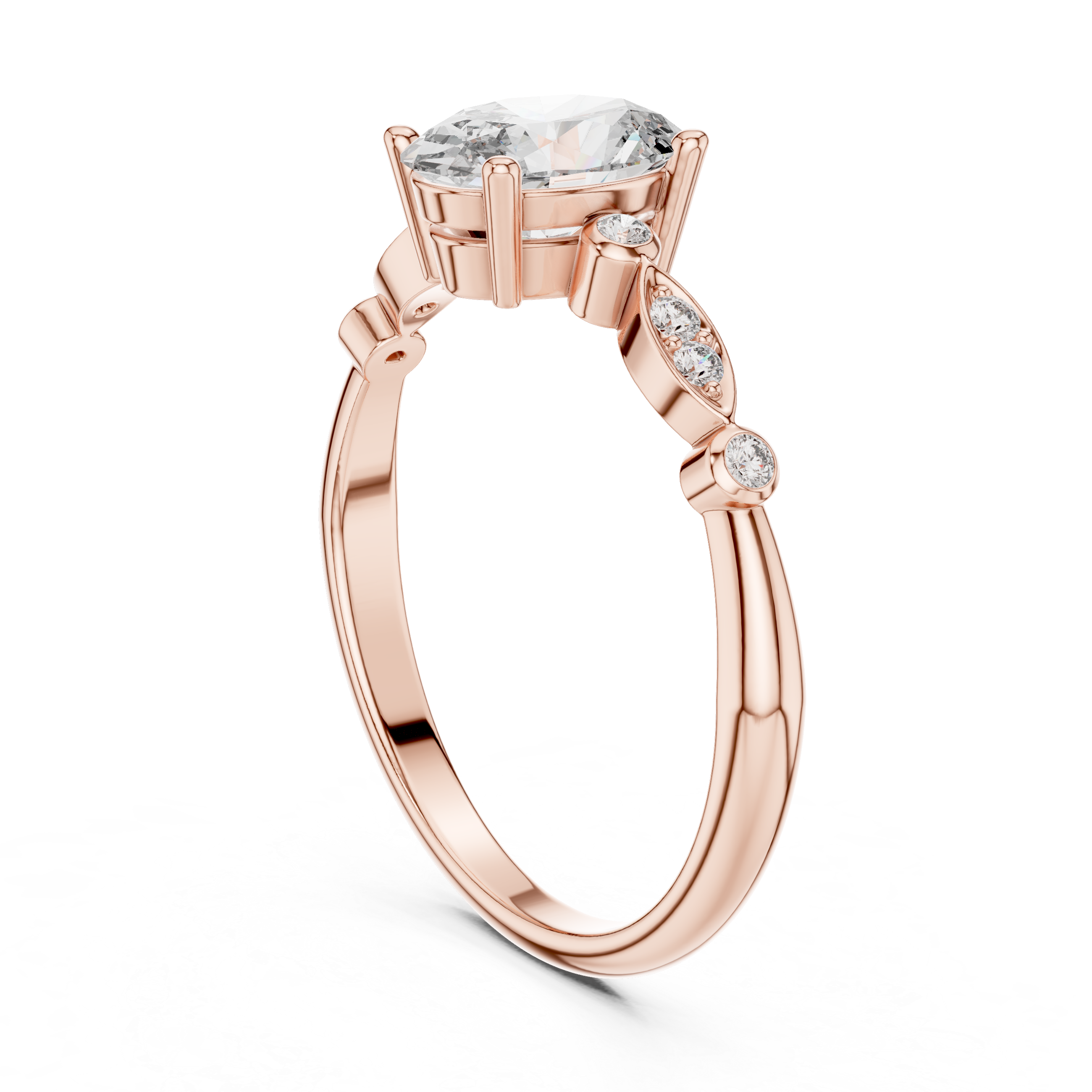 Elegant Rose Gold Solitaire Diamond Ring with Side Stone Detailing