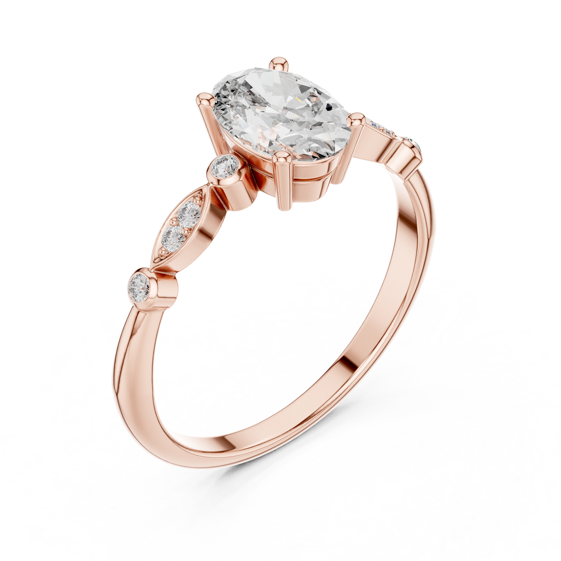 Elegant Rose Gold Solitaire Diamond Ring with Side Stone Detailing