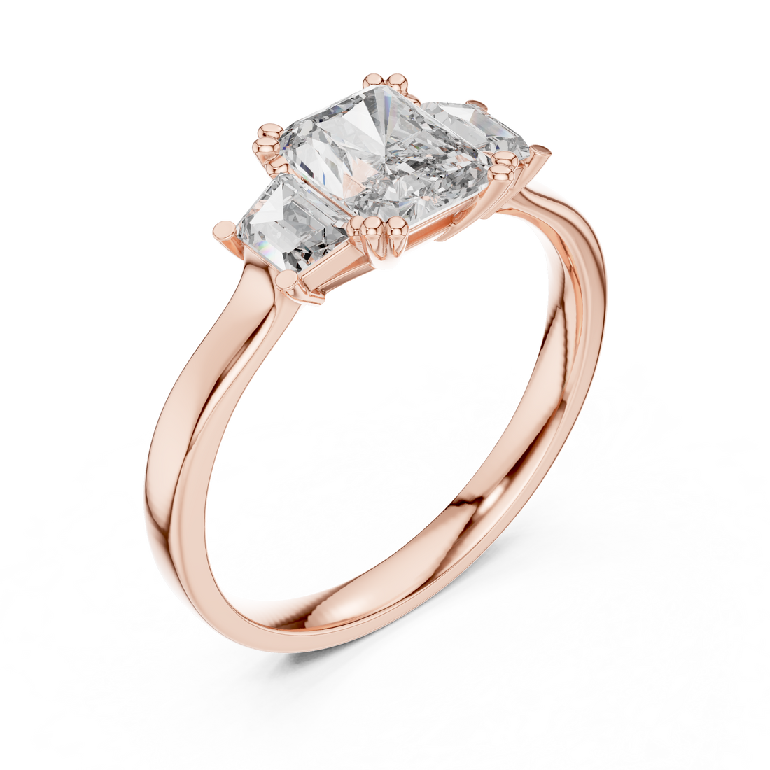 Radiant Cut Three Stone Diamond Ring in Rose Gold