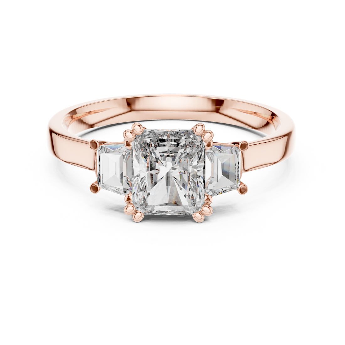 Radiant Cut Three Stone Diamond Ring in Rose Gold