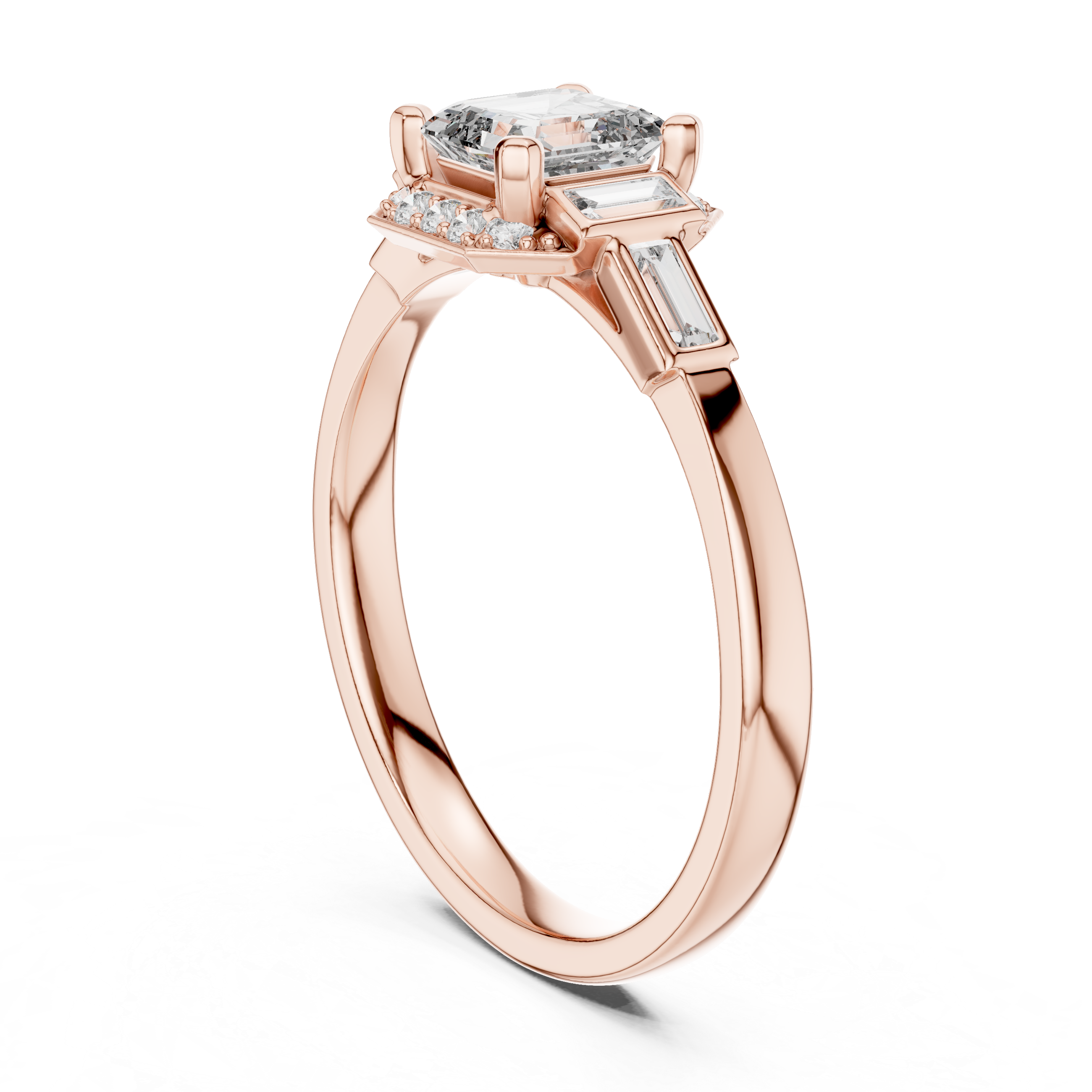 Elegant Asscher-Cut Diamond Ring with Baguette Side Stones in Rose Gold