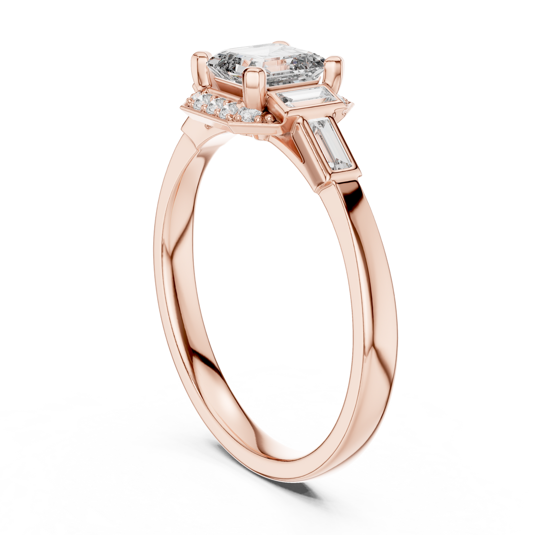Elegant Asscher-Cut Diamond Ring with Baguette Side Stones in Rose Gold