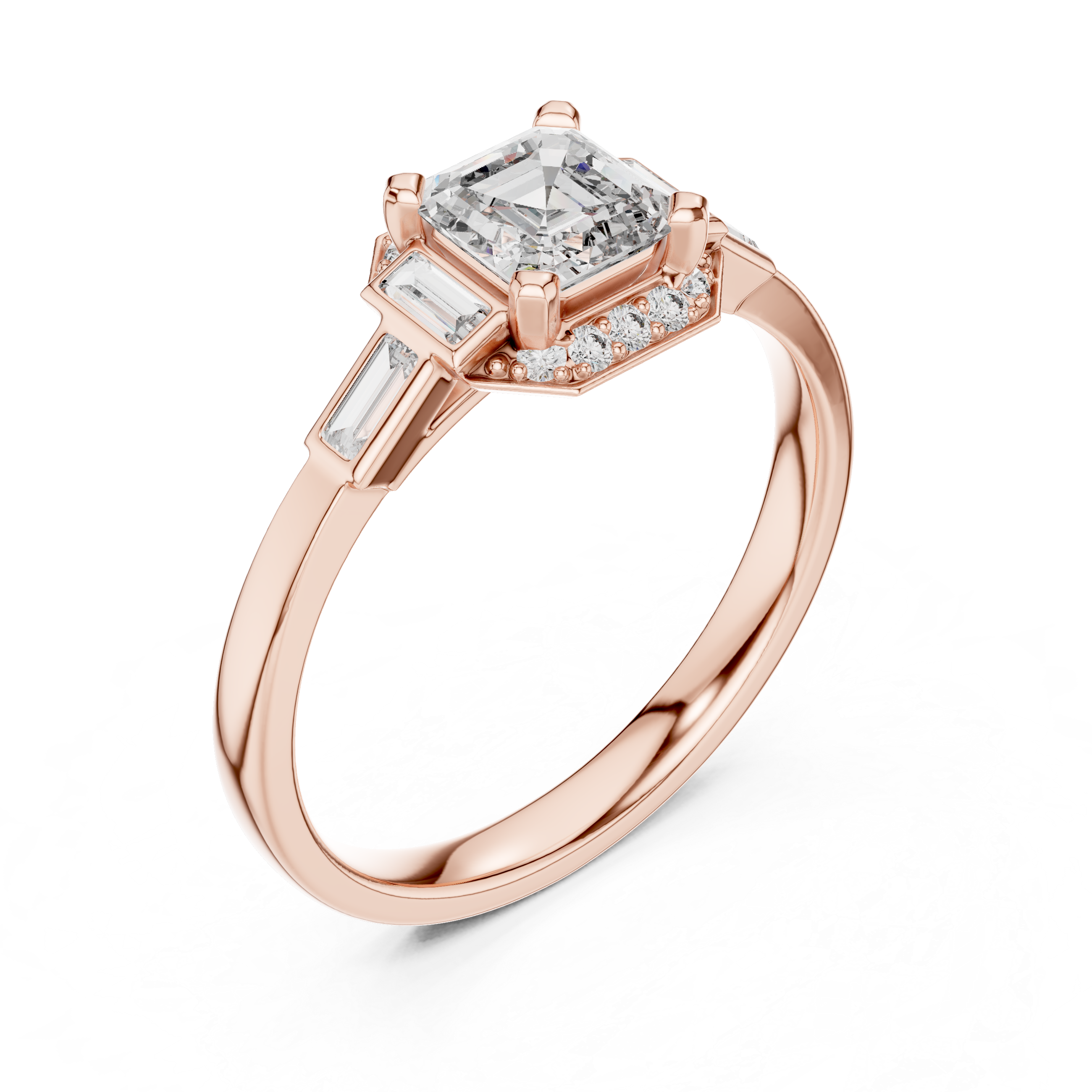 Elegant Asscher-Cut Diamond Ring with Baguette Side Stones in Rose Gold