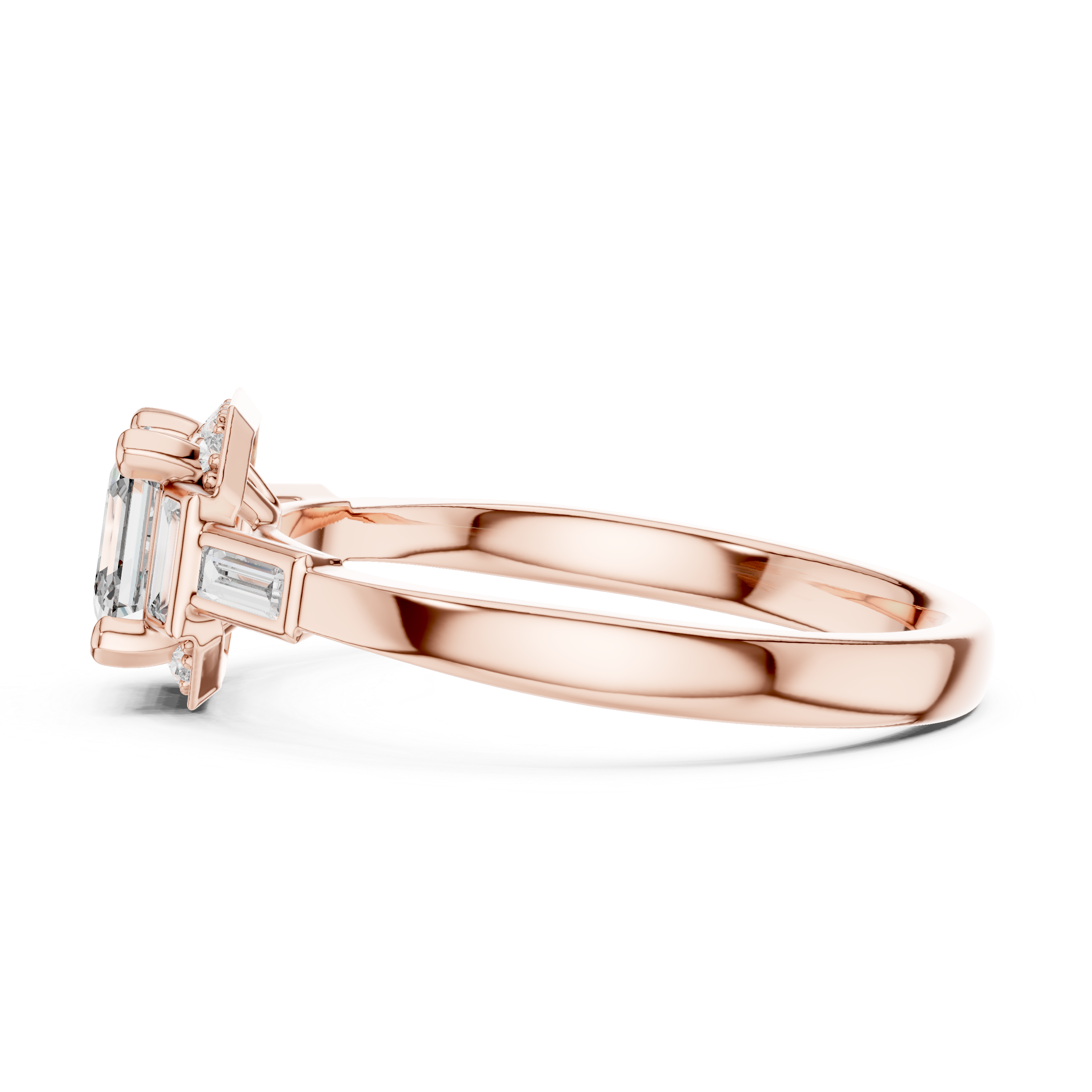 Elegant Asscher-Cut Diamond Ring with Baguette Side Stones in Rose Gold