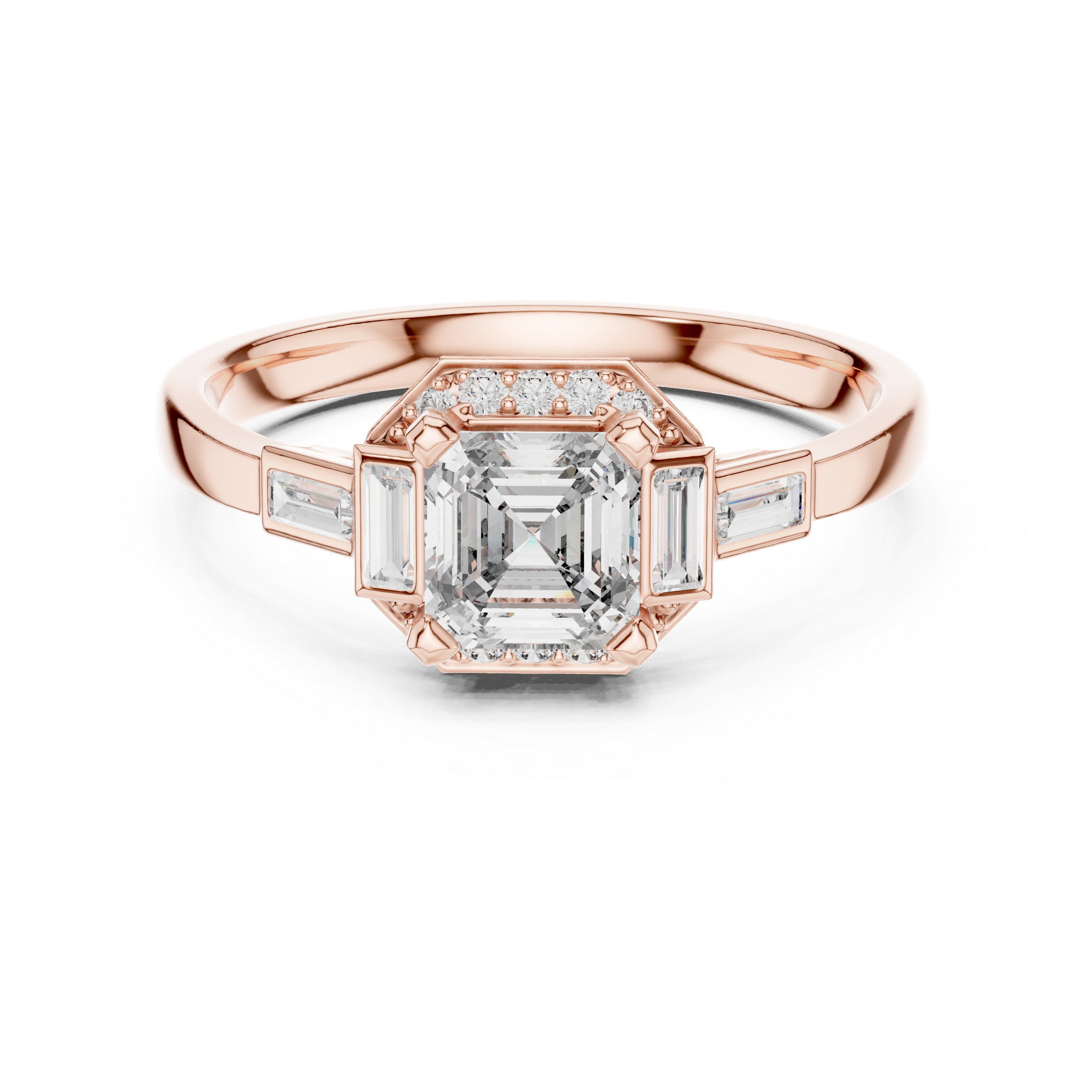 Elegant Asscher-Cut Diamond Ring with Baguette Side Stones in Rose Gold