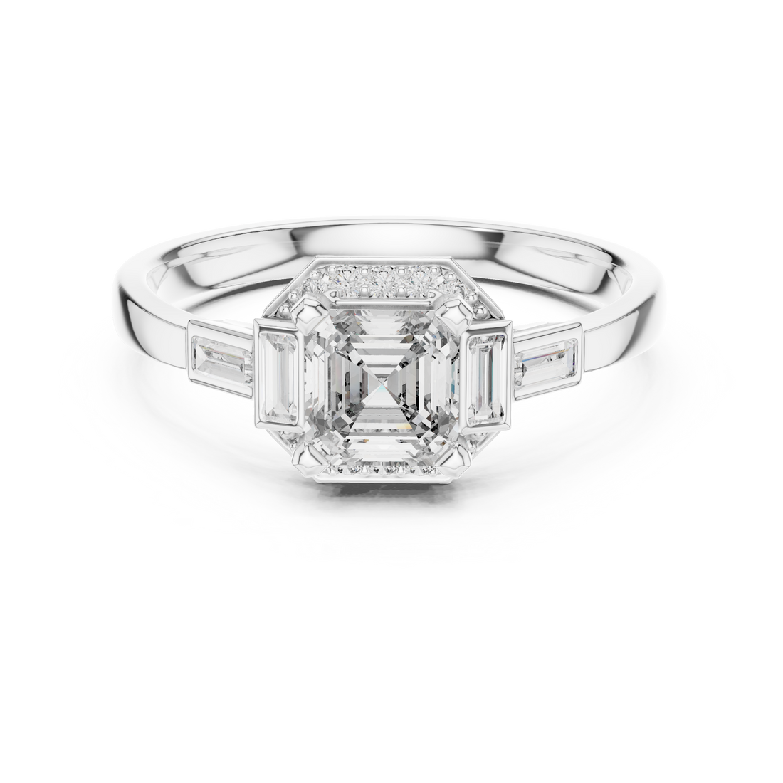 Elegant Asscher-Cut Diamond Ring with Baguette Side Stones in Rose Gold