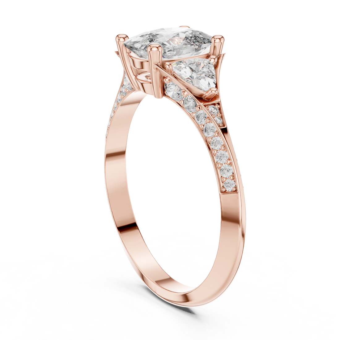 Teardrop Diamond Ring with Trillion Side Stones in 14K/18K Rose Gold