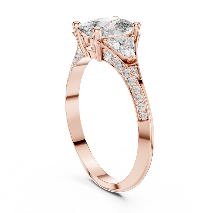 Teardrop Diamond Ring with Trillion Side Stones in 14K/18K Rose Gold