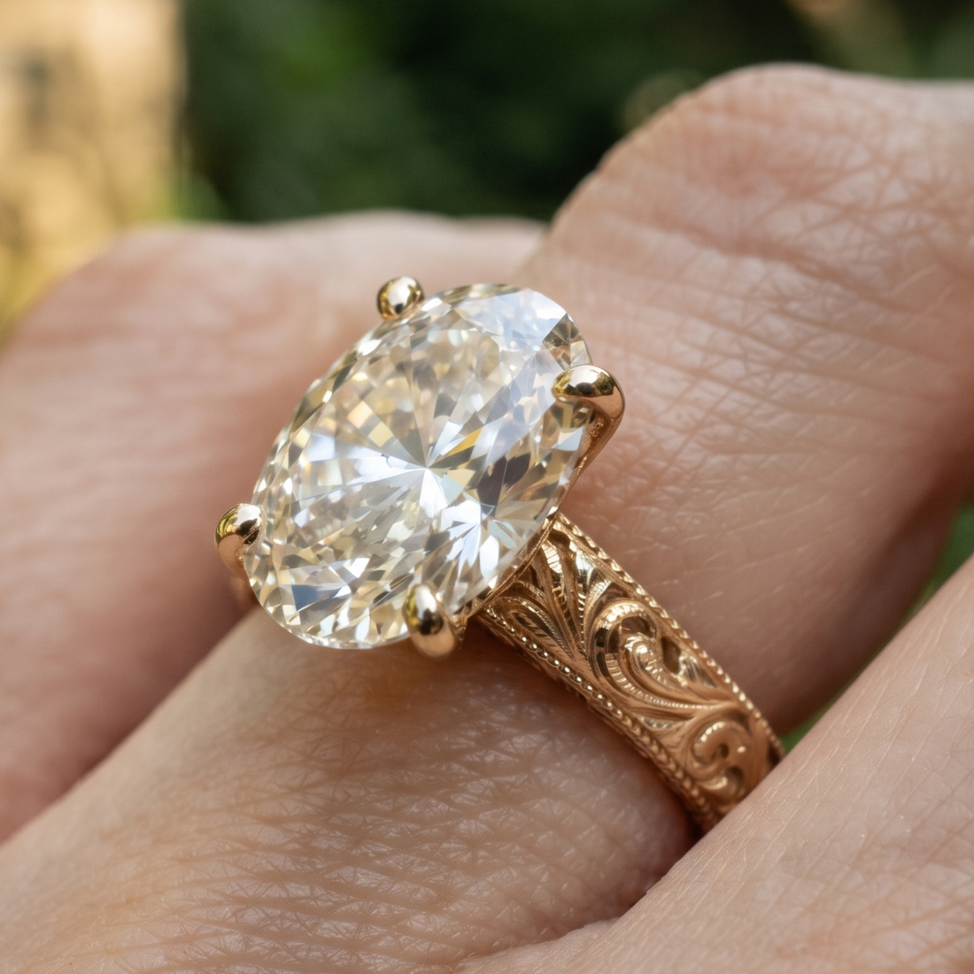 Vintage-Inspired 3 CT Oval Diamond Engraved Solitaire Ring in 14K & 18K Gold