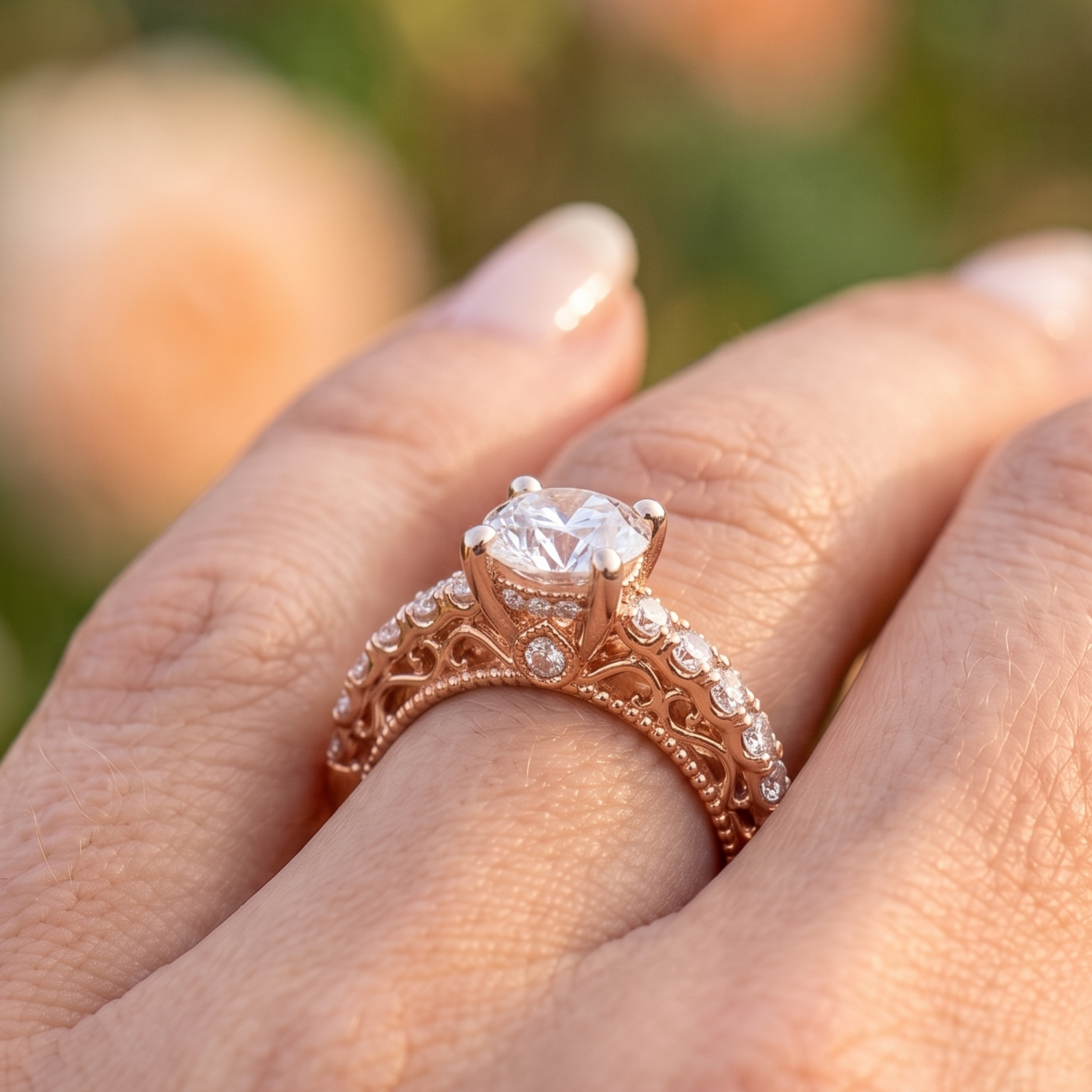 Kiashaa Jewellery 2.524 CTW vintage round diamond engagement ring in polished rose gold.