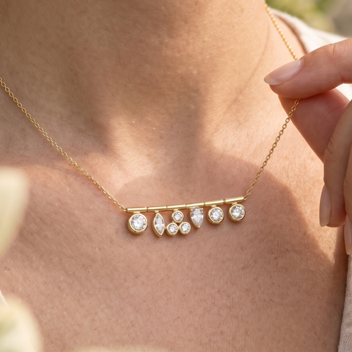 Celestial Cascade 1.30 CT Multi-Shape Diamond Bar Necklace