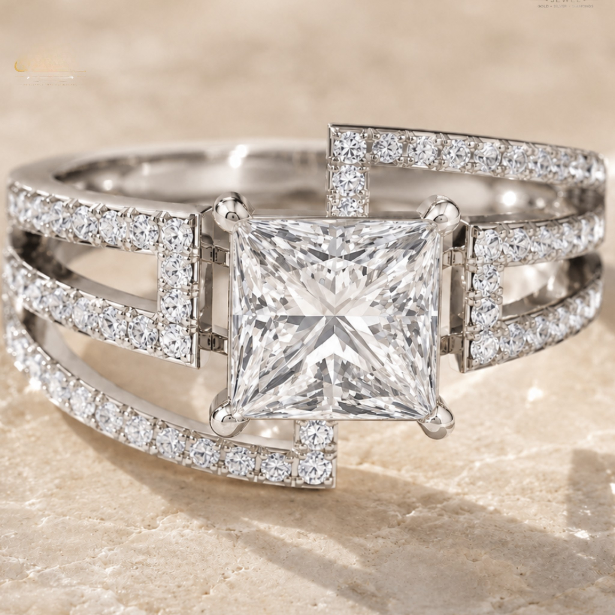 A silver-plated double-band ring featuring a large princess-cut diamond center stone and pavé-set diamonds along the band, displayed on a light beige stone surface.