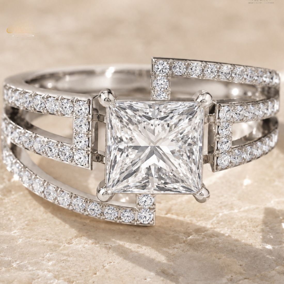 A silver-plated double-band ring featuring a large princess-cut diamond center stone and pavé-set diamonds along the band, displayed on a light beige stone surface.