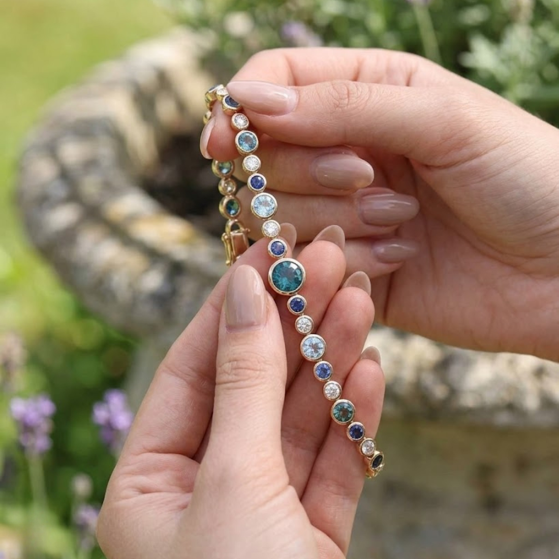 Rainbow bracelet featuring a continuous row of vibrant round gemstones.