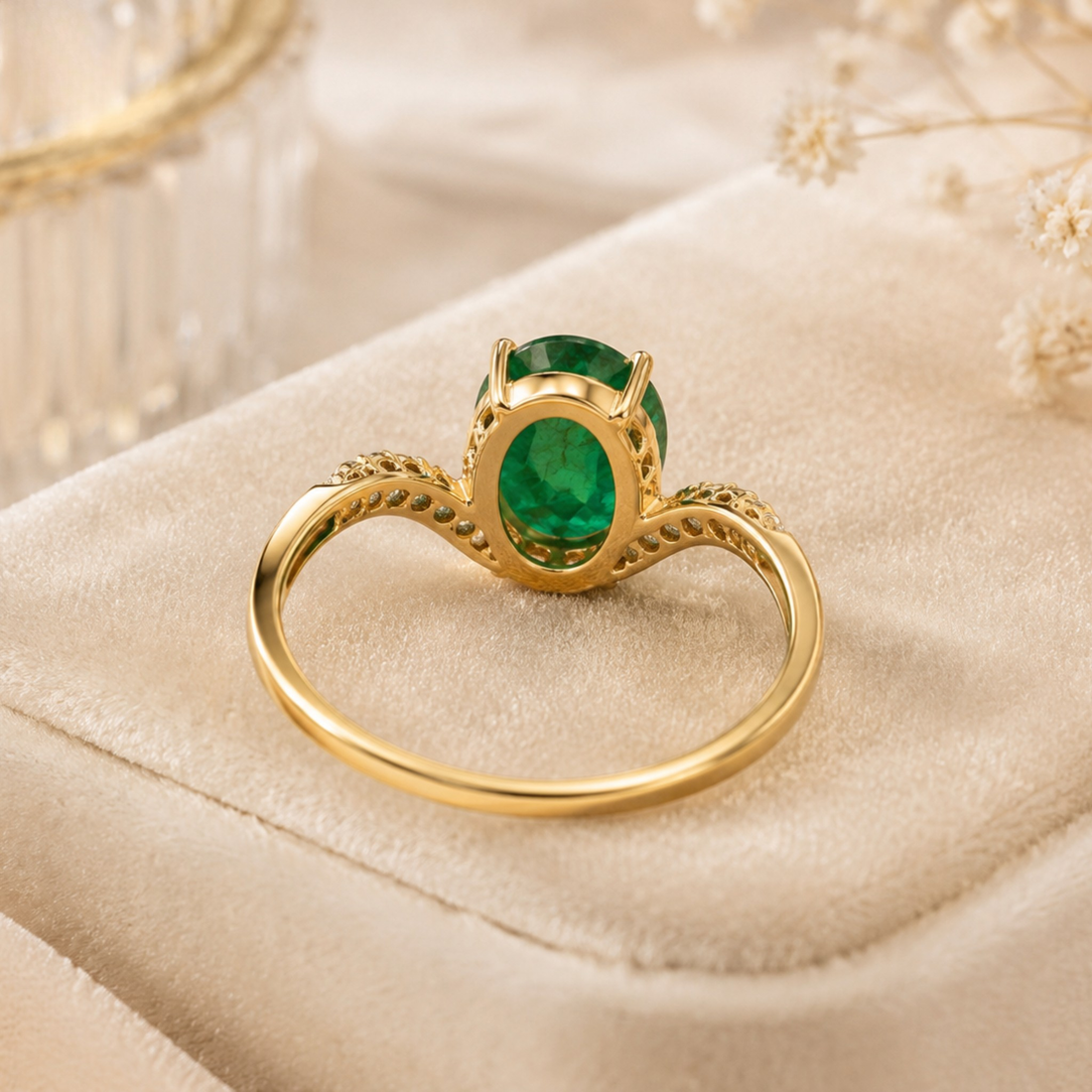 A gold ring with a large oval green gemstone, displayed on a beige velvet jewelry box with soft decorative background elements.