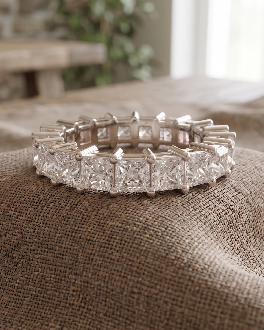 4 carat princess-cut eternity ring by Kiashaa Jewellery in 18K gold with continuous lab-grown diamonds.