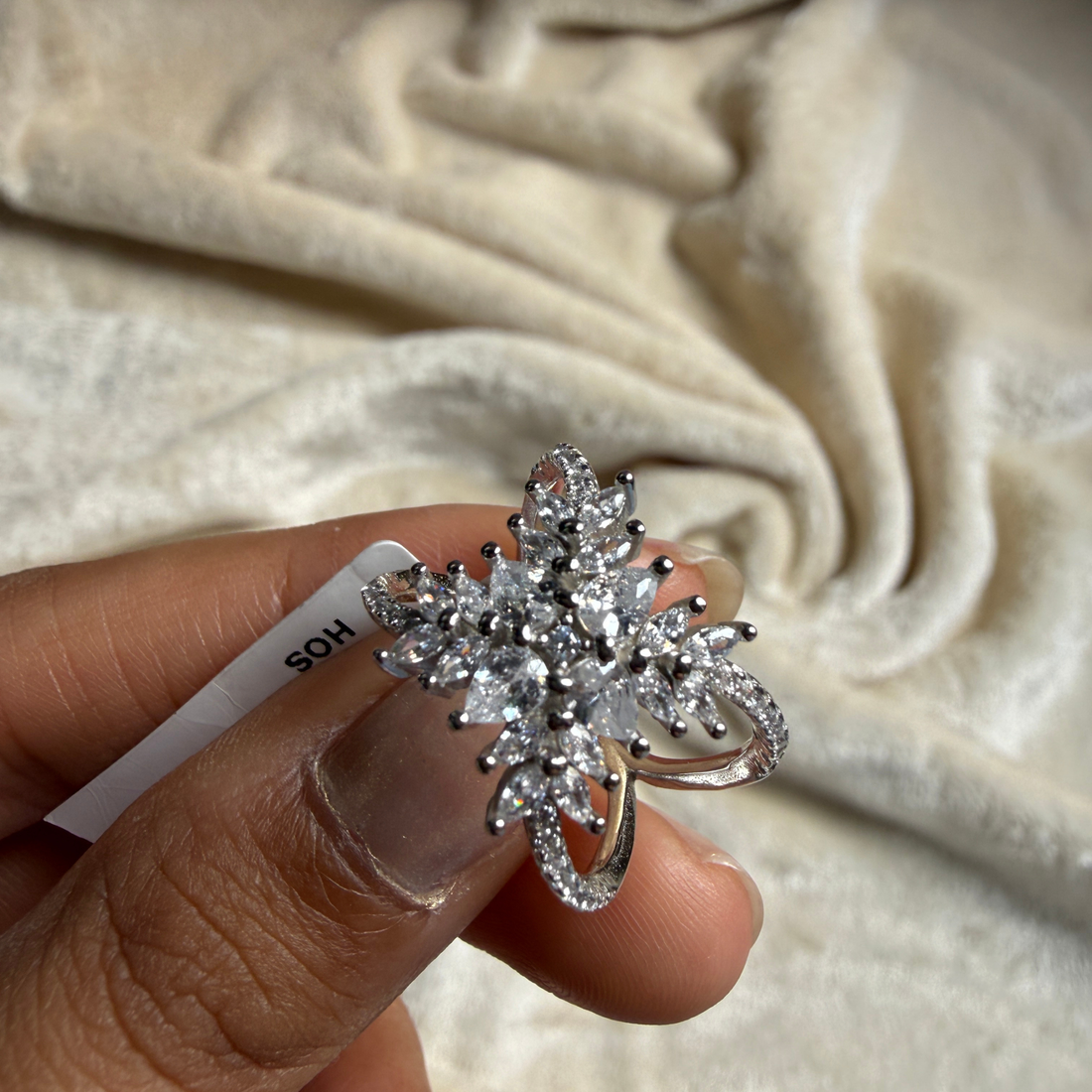 Pear and marquise floral lab-grown diamond statement ring by Kiashaa Jewellery.