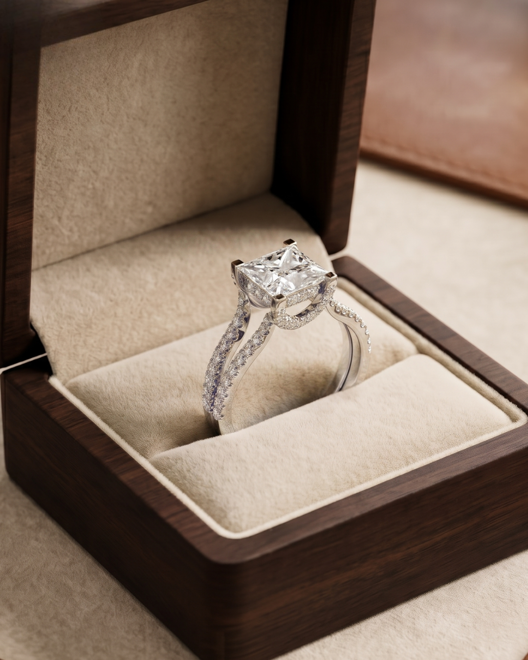 Close-up of a princess-cut lab-grown diamond ring by Kiashaa Jewellery with round accents and a high-polish rose gold finish.