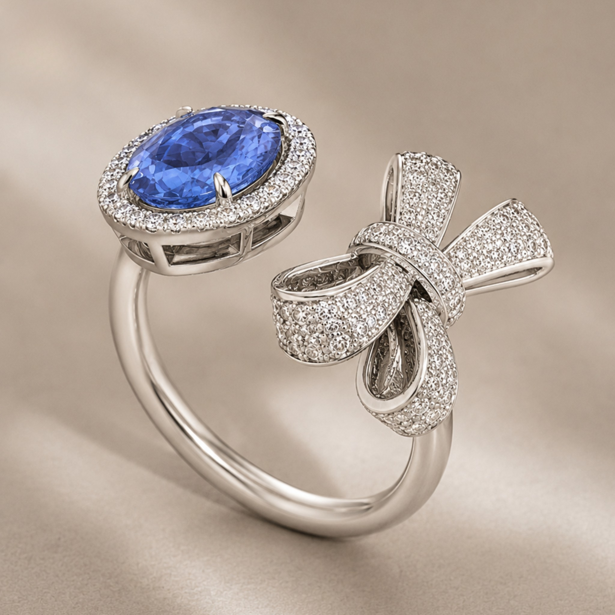 A silver ring featuring a large oval blue sapphire gemstone surrounded by a halo of small clear stones, with a pavé-set bow motif on the band, photographed on a soft beige background.