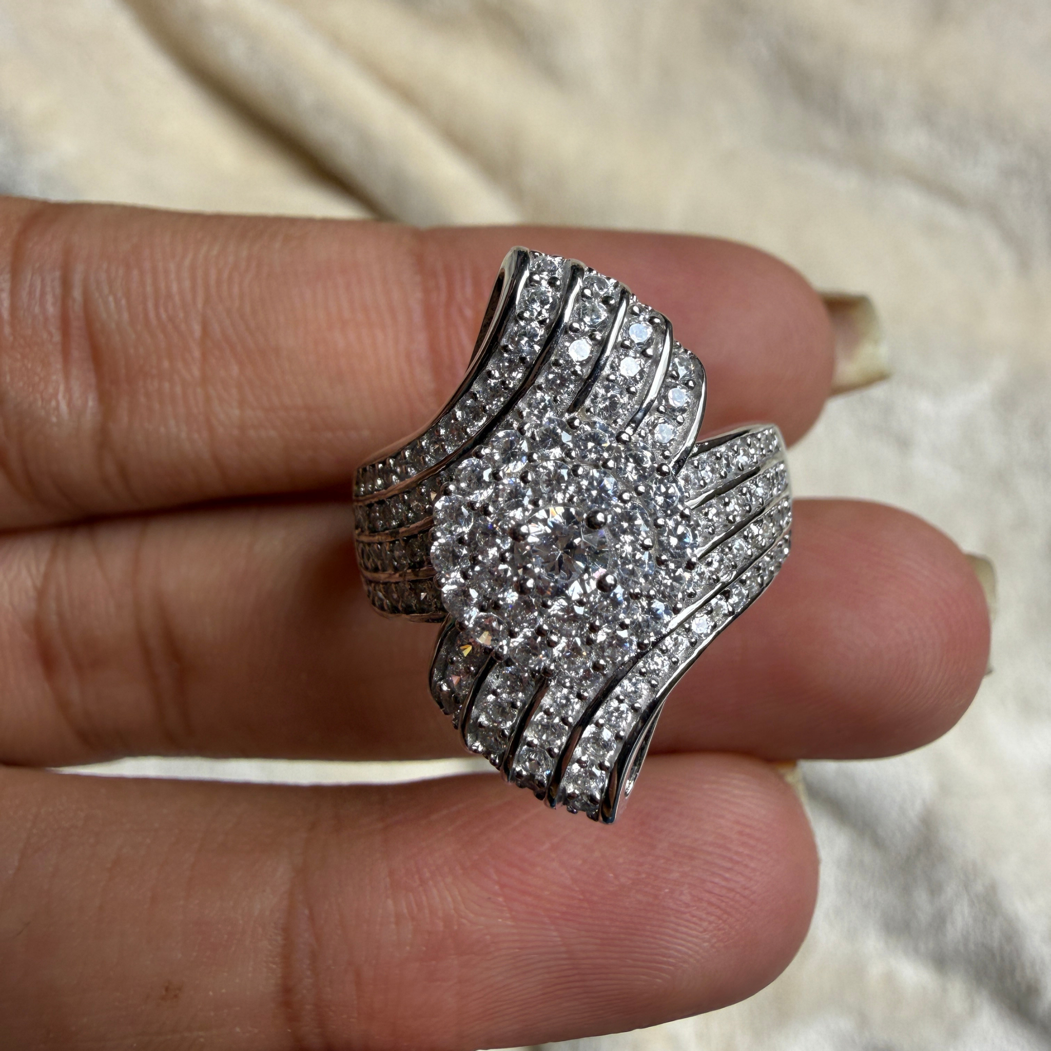 Round lab-grown diamond multi-row statement ring by Kiashaa Jewellery.