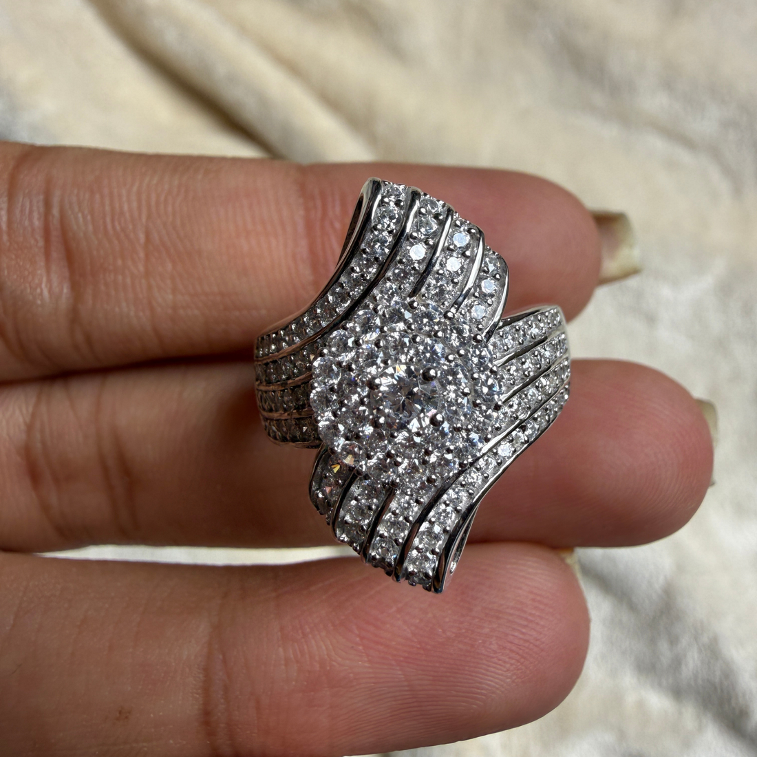 Round lab-grown diamond multi-row statement ring by Kiashaa Jewellery.