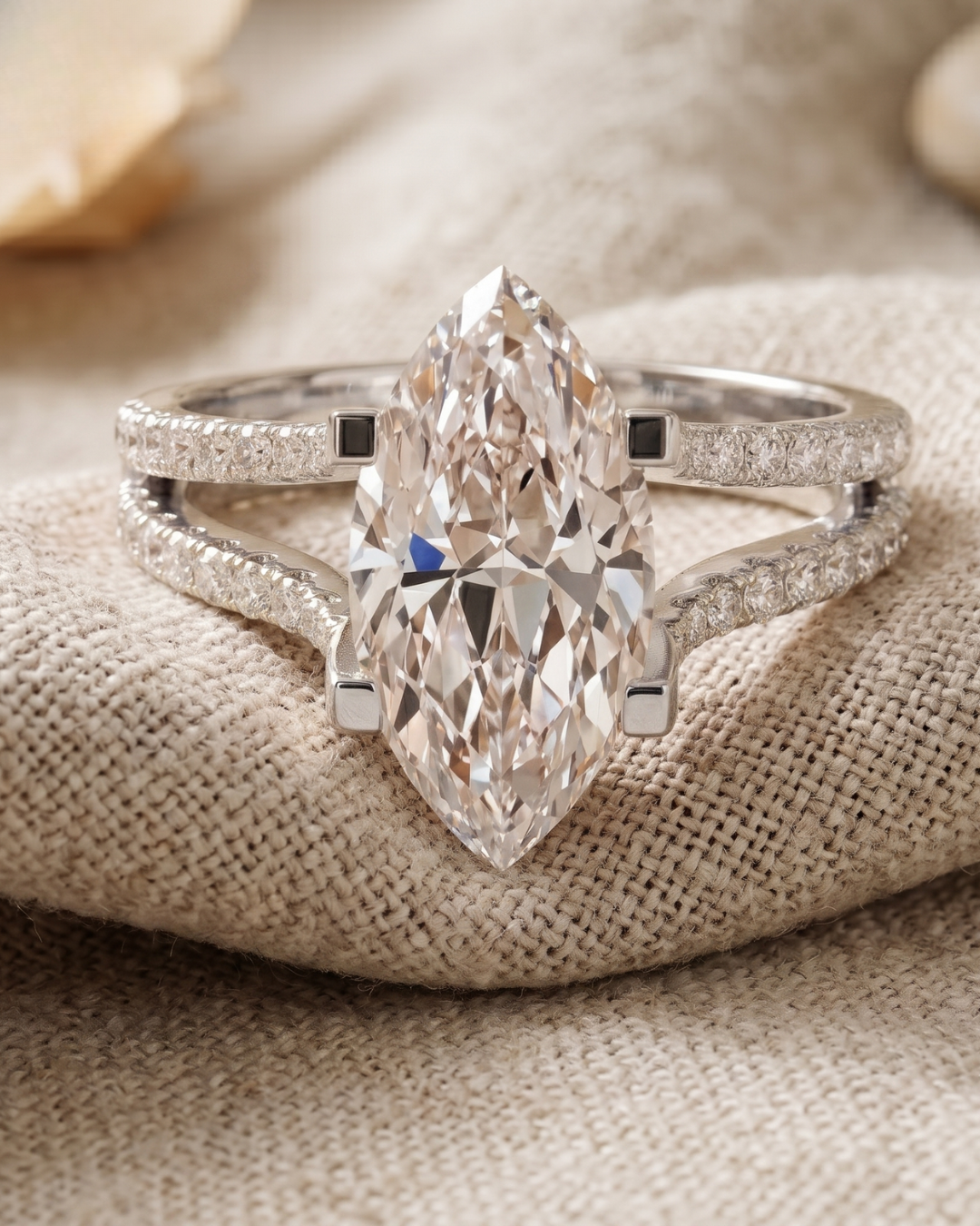 Rose gold ladies ring by Kiashaa Jewellery featuring a marquise lab-grown diamond and round diamond accent band.