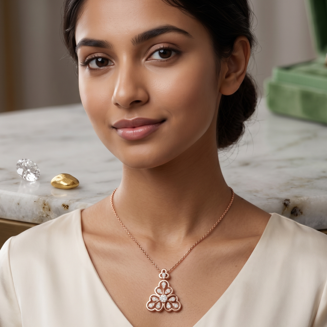 A woman wearing a rose gold pendant necklace with a floral design. The necklace is shown on her neck, with a marble countertop and jewelry pieces in the background.