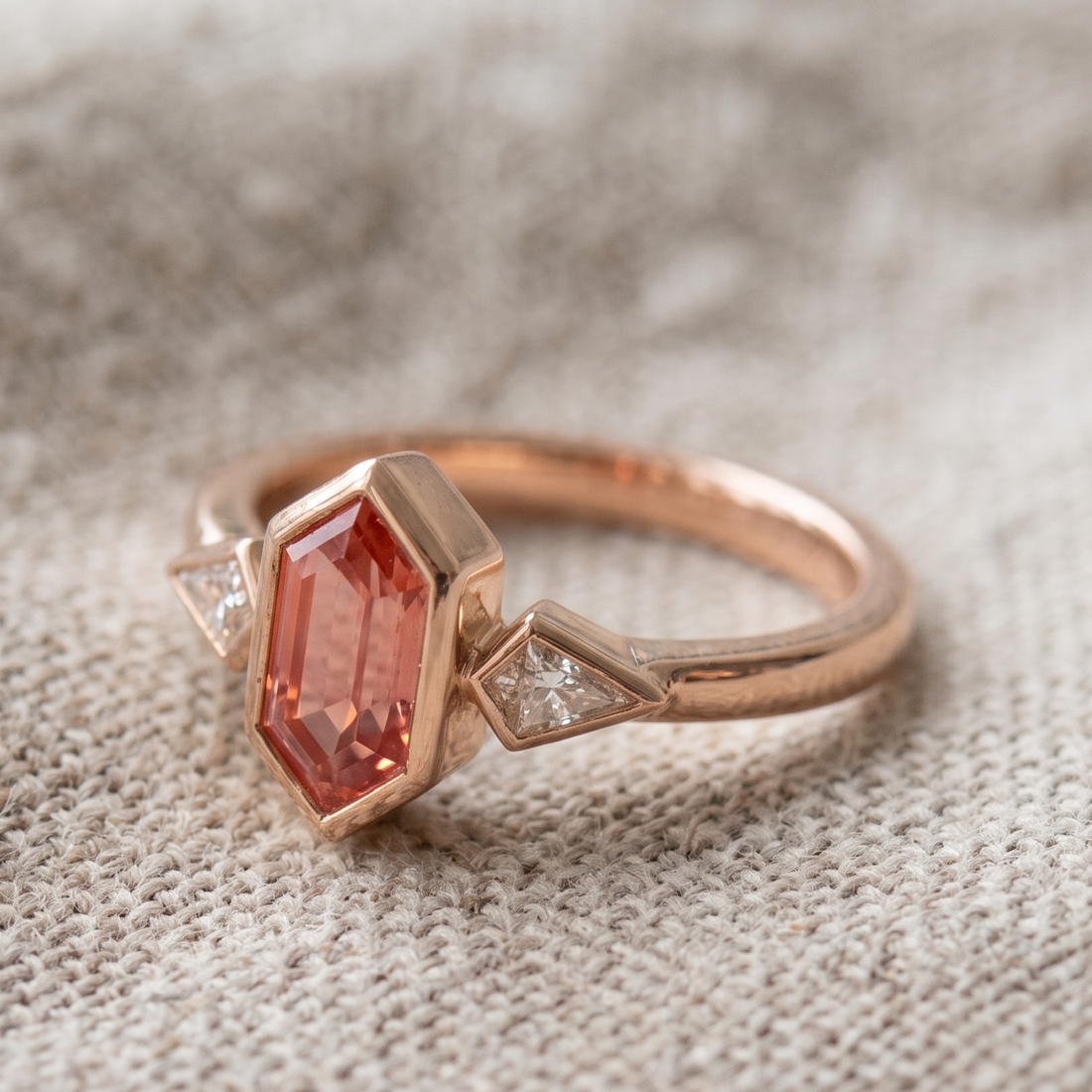 Kiashaa Jewellery 3 CTW pink geometric three-stone ring in polished yellow gold.