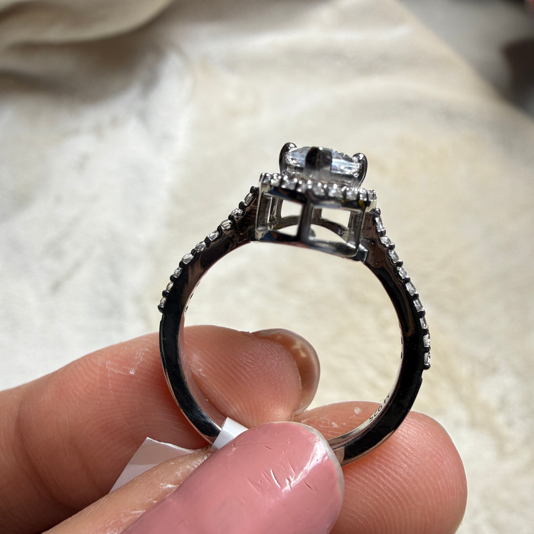 Marquise halo lab-grown diamond engagement ring in white gold by Kiashaa Jewellery.