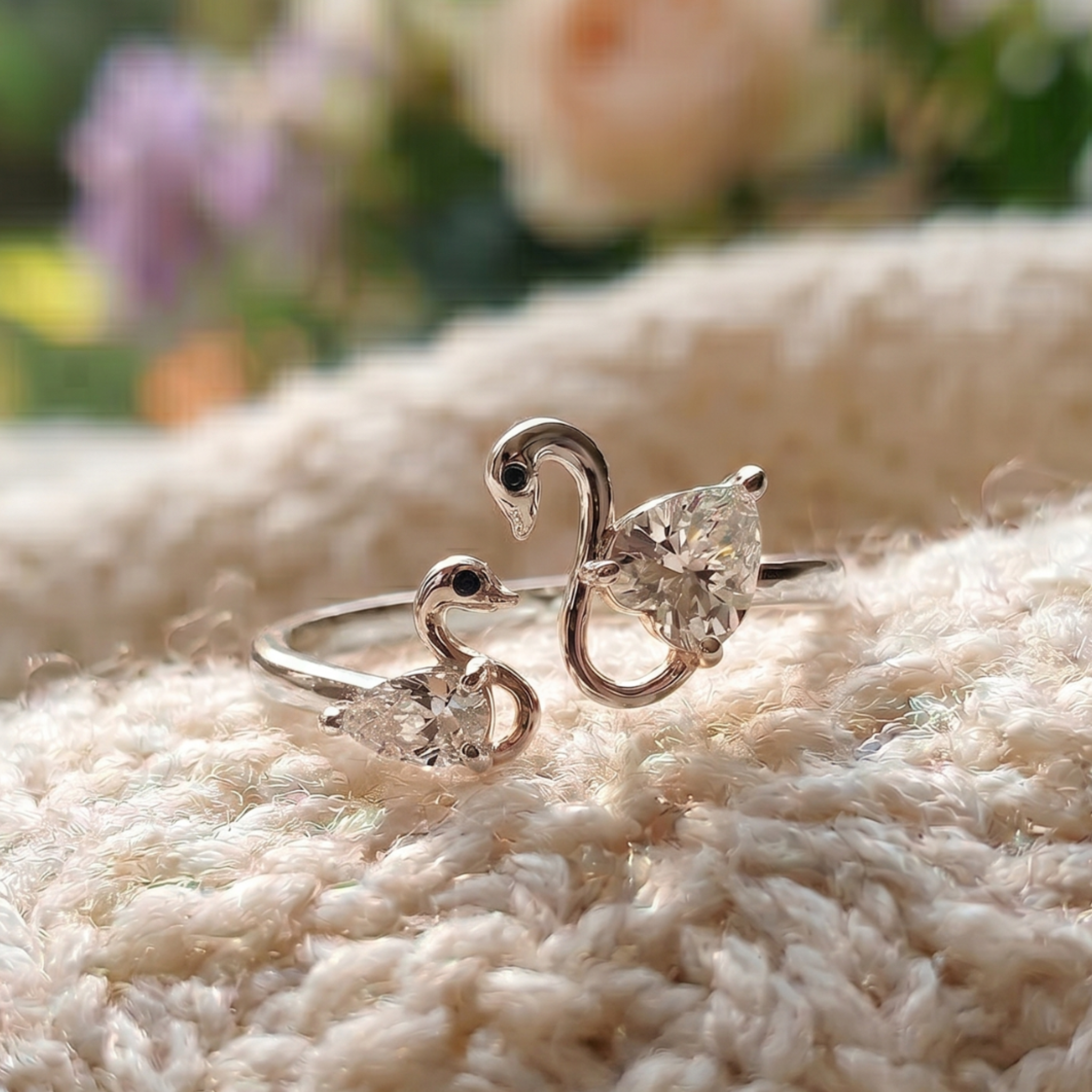 Swan Embrace 2.50 CTW lab-grown diamond ring by Kiashaa Jewellery with a 2 CT heart center and 0.50 CT pear side diamond.