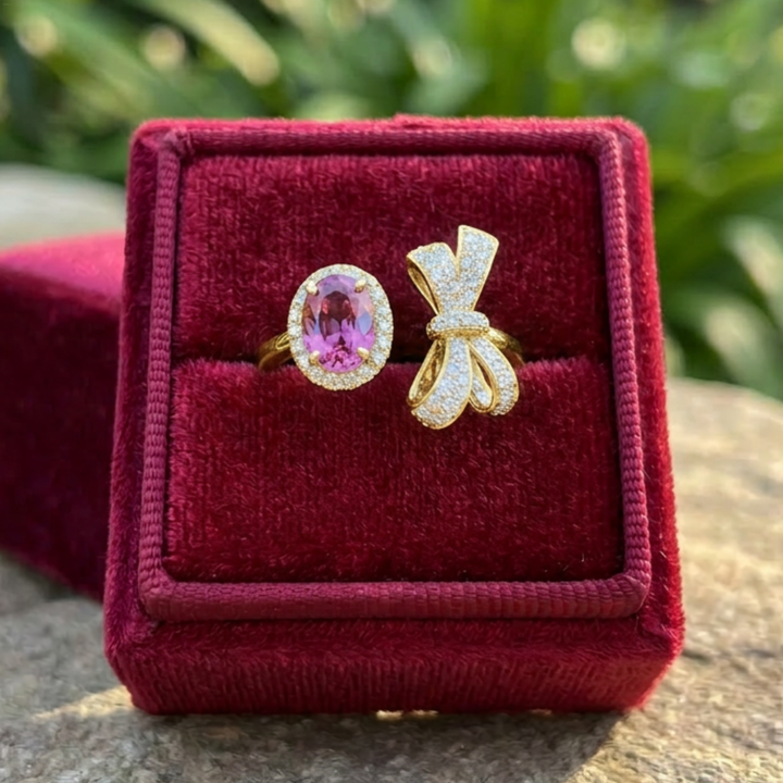 Rosette Bow 3 CTW pink oval diamond open ring by Kiashaa Jewellery in white gold with a bow-inspired diamond design.