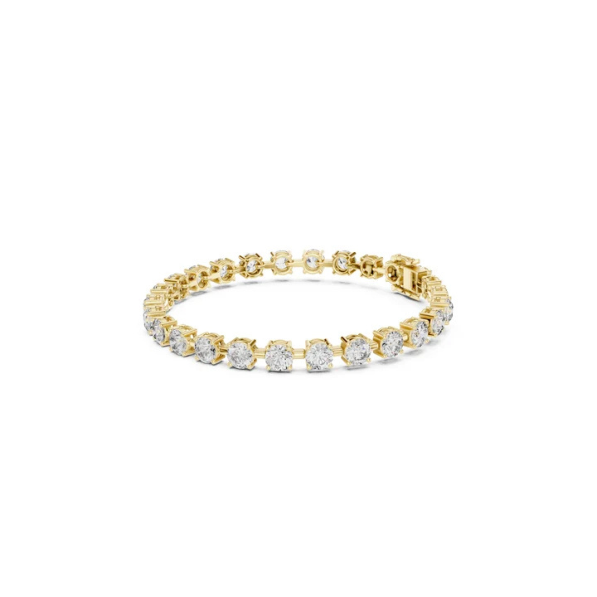 A yellow gold tennis bracelet featuring round-cut clear gemstones in a prong setting, displayed against a solid white background.