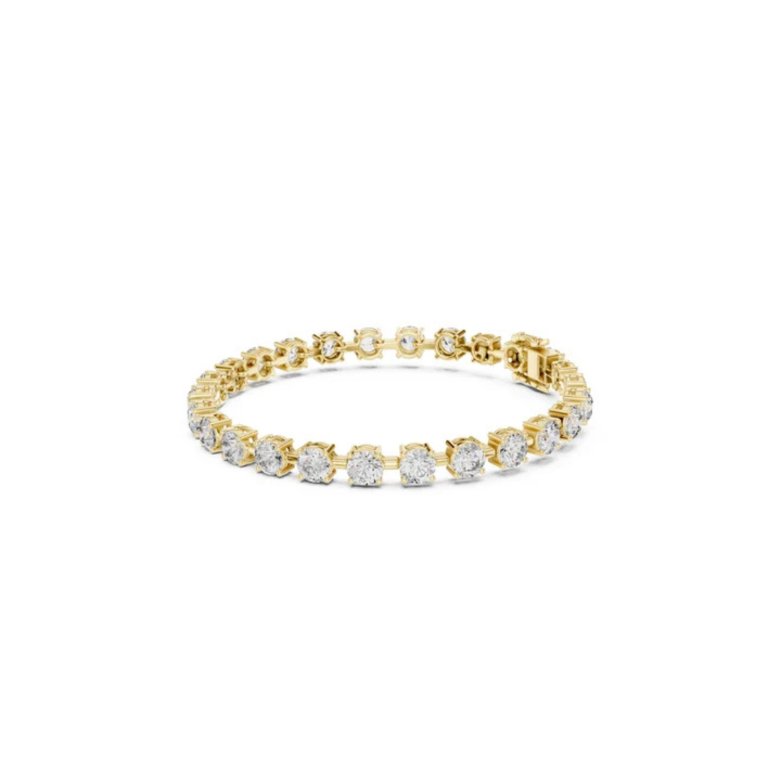 A yellow gold tennis bracelet featuring round-cut clear gemstones in a prong setting, displayed against a solid white background.