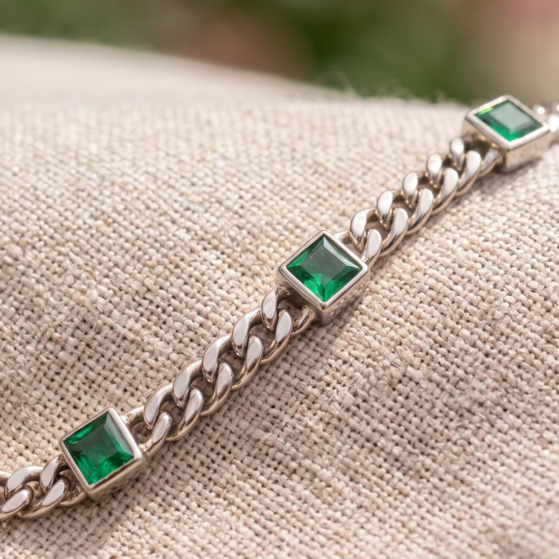 Kiashaa Jewellery 2.047 CTW green princess-cut Cuban bracelet in polished yellow gold.
