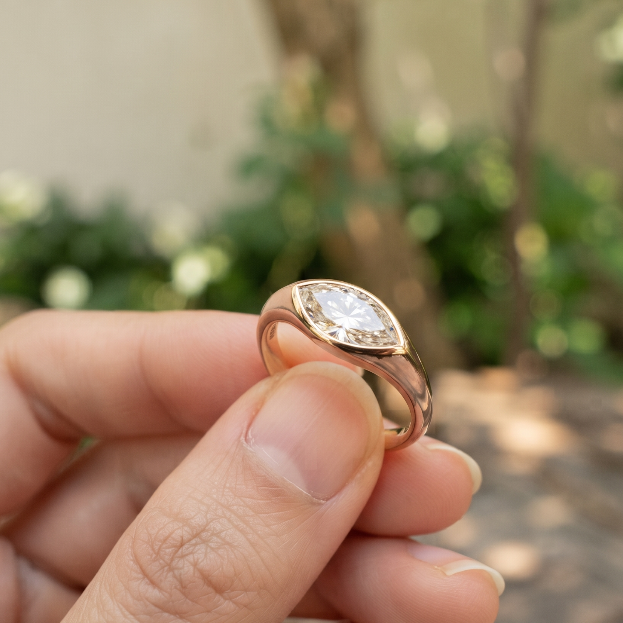 Kiashaa Jewellery 1.76 CT marquise bezel diamond ring in polished yellow gold.