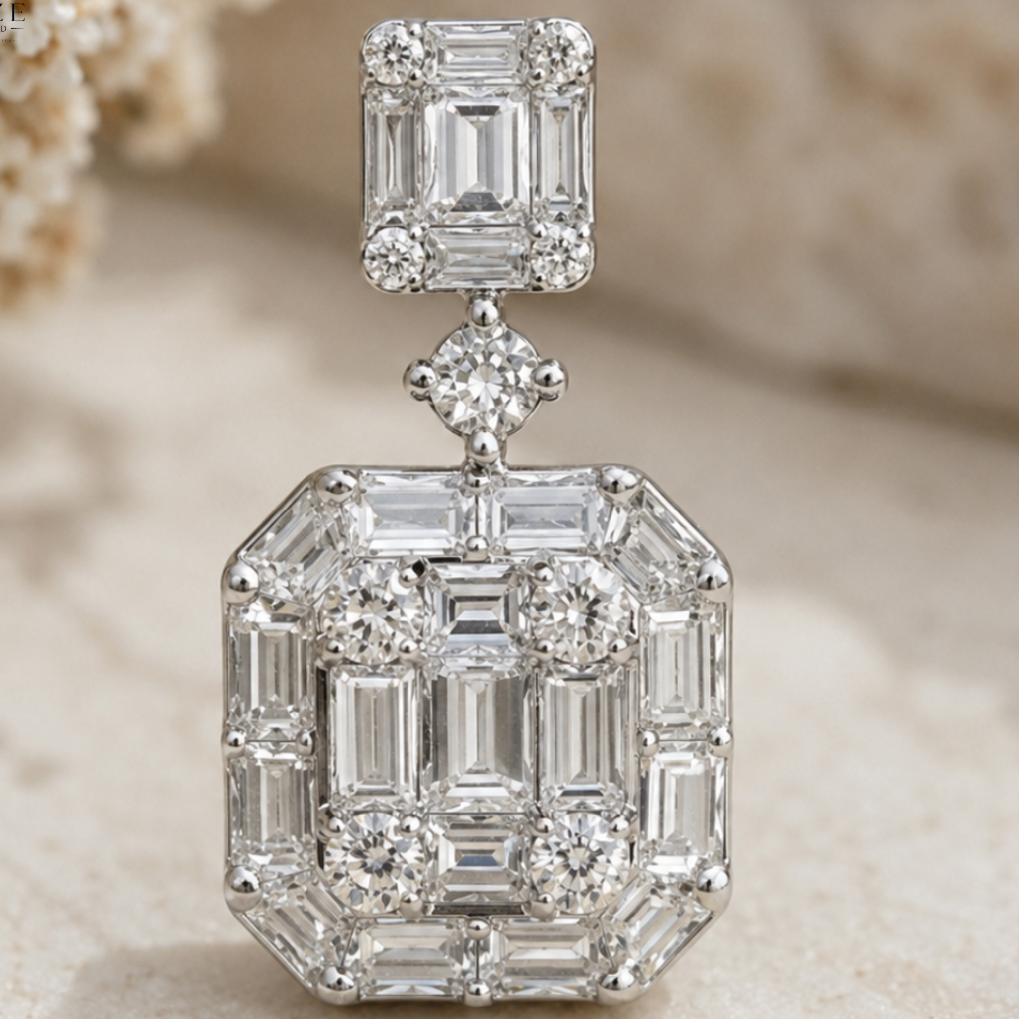A large rectangular diamond pendant with a silver-toned setting, featuring baguette and round-cut diamonds, photographed against a soft beige background.