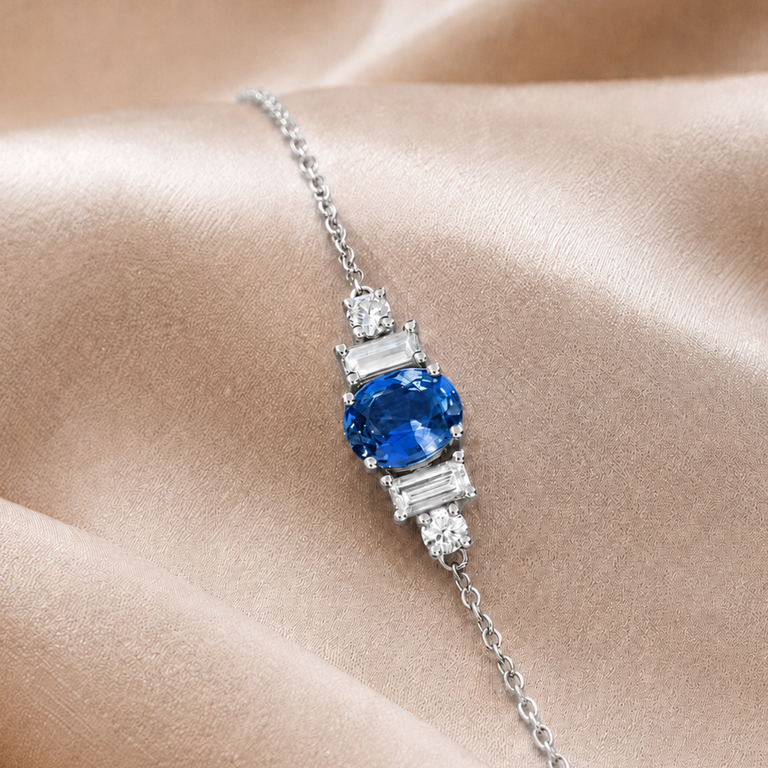 1.18 CTW Oval Blue Gemstone & Diamond Station Bracelet