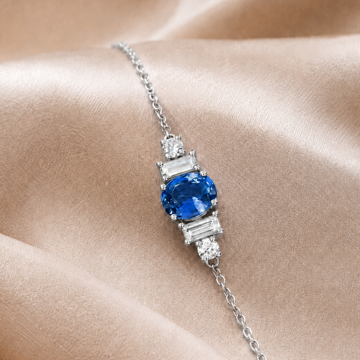 1.18 CTW Oval Blue Gemstone & Diamond Station Bracelet