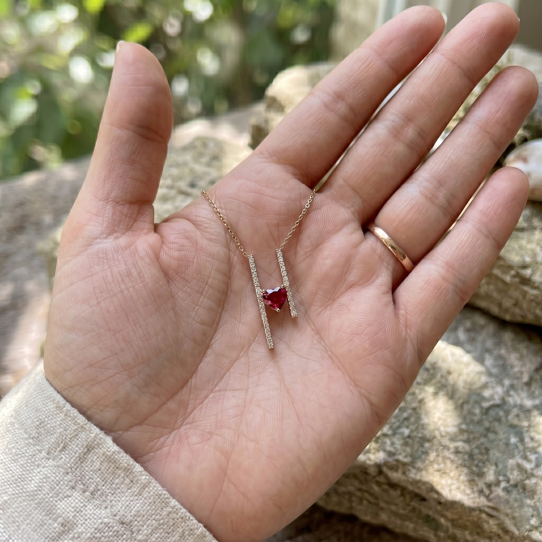 Red heart gemstone and lab-grown diamond pendant necklace by Kiashaa Jewellery in rose gold.