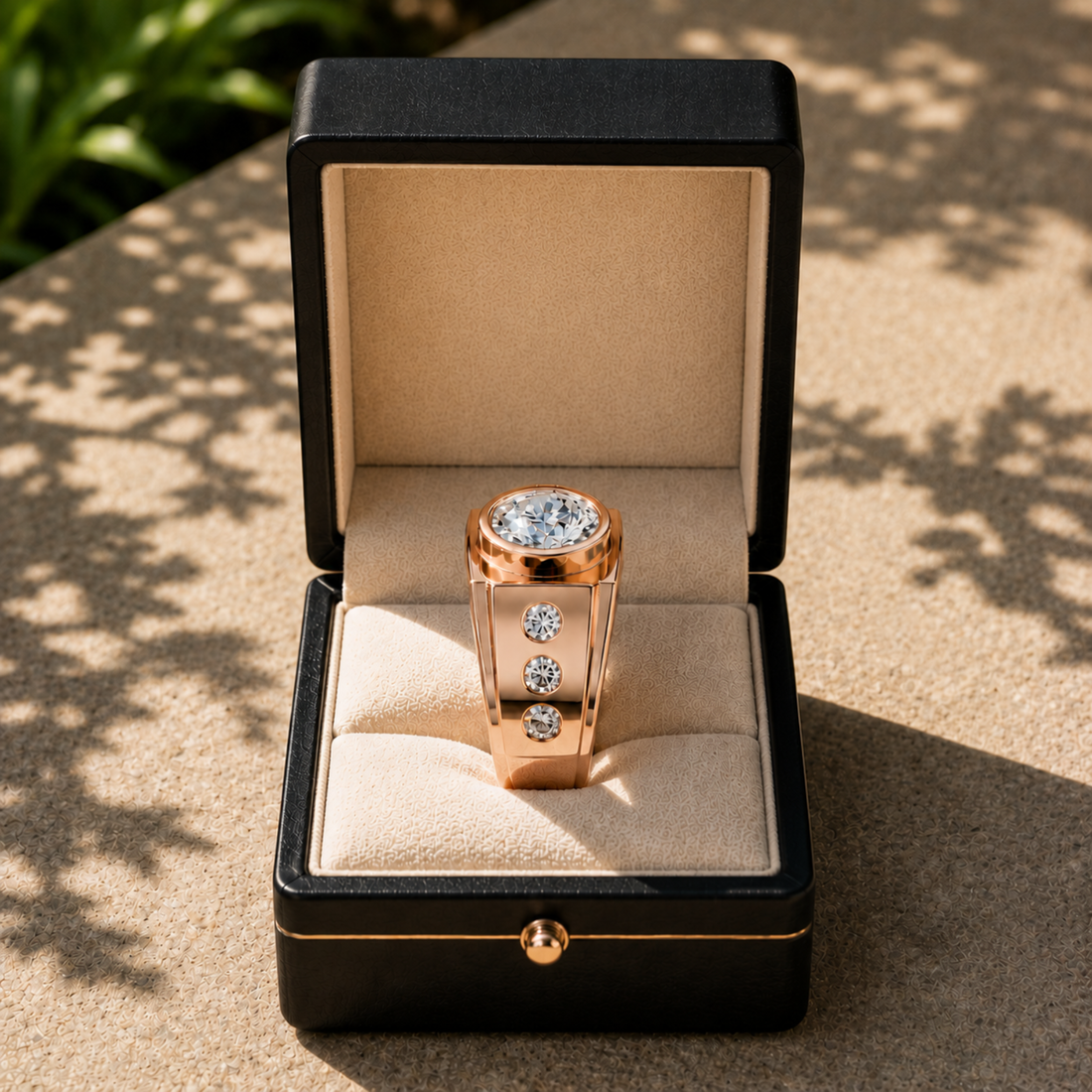 A rose gold ring with a large round clear gemstone and three smaller side stones, displayed in an open black jewelry box on a sunlit stone surface.