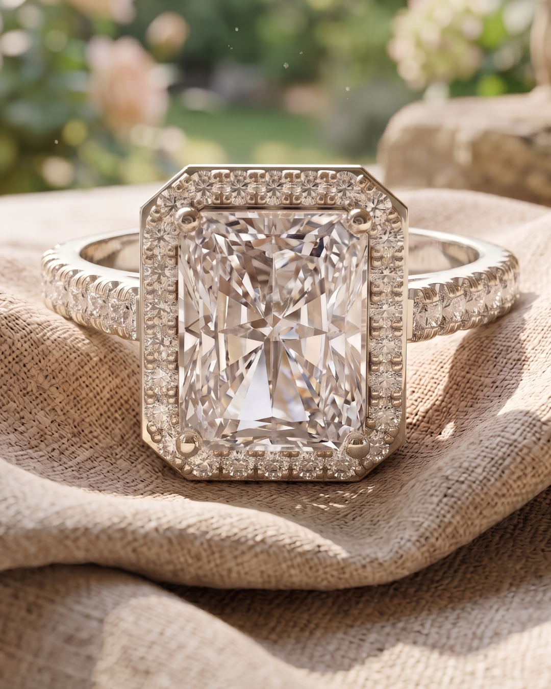 Premium radiant and round diamond halo ring by Kiashaa Jewellery in rose gold with a graceful ladies design.