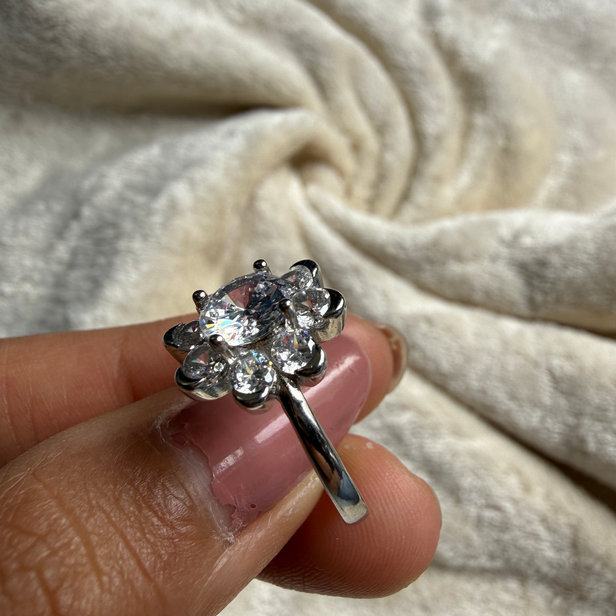 Round floral lab-grown diamond cluster ring in white gold by Kiashaa Jewellery.