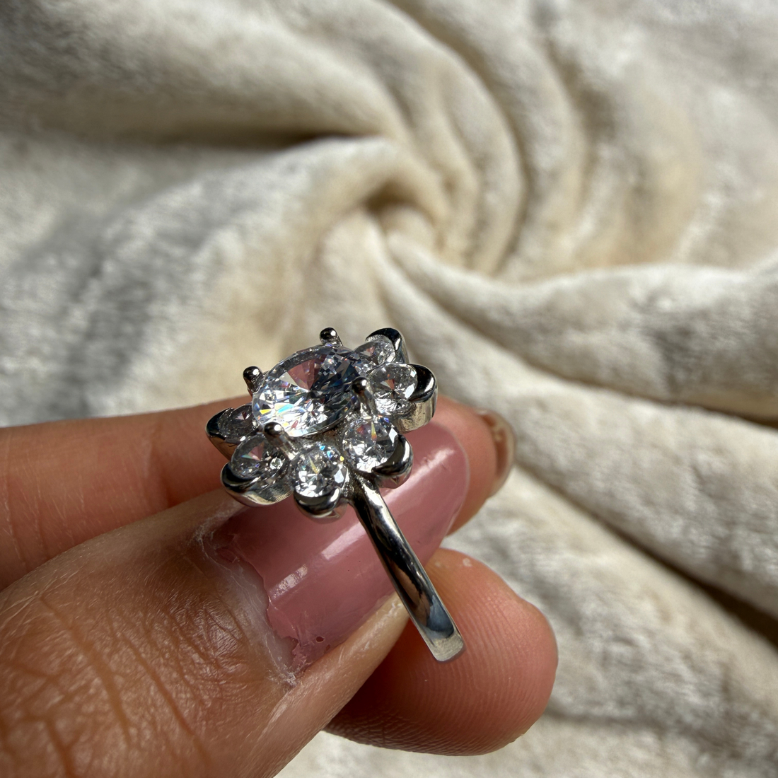 Round floral lab-grown diamond cluster ring in white gold by Kiashaa Jewellery.