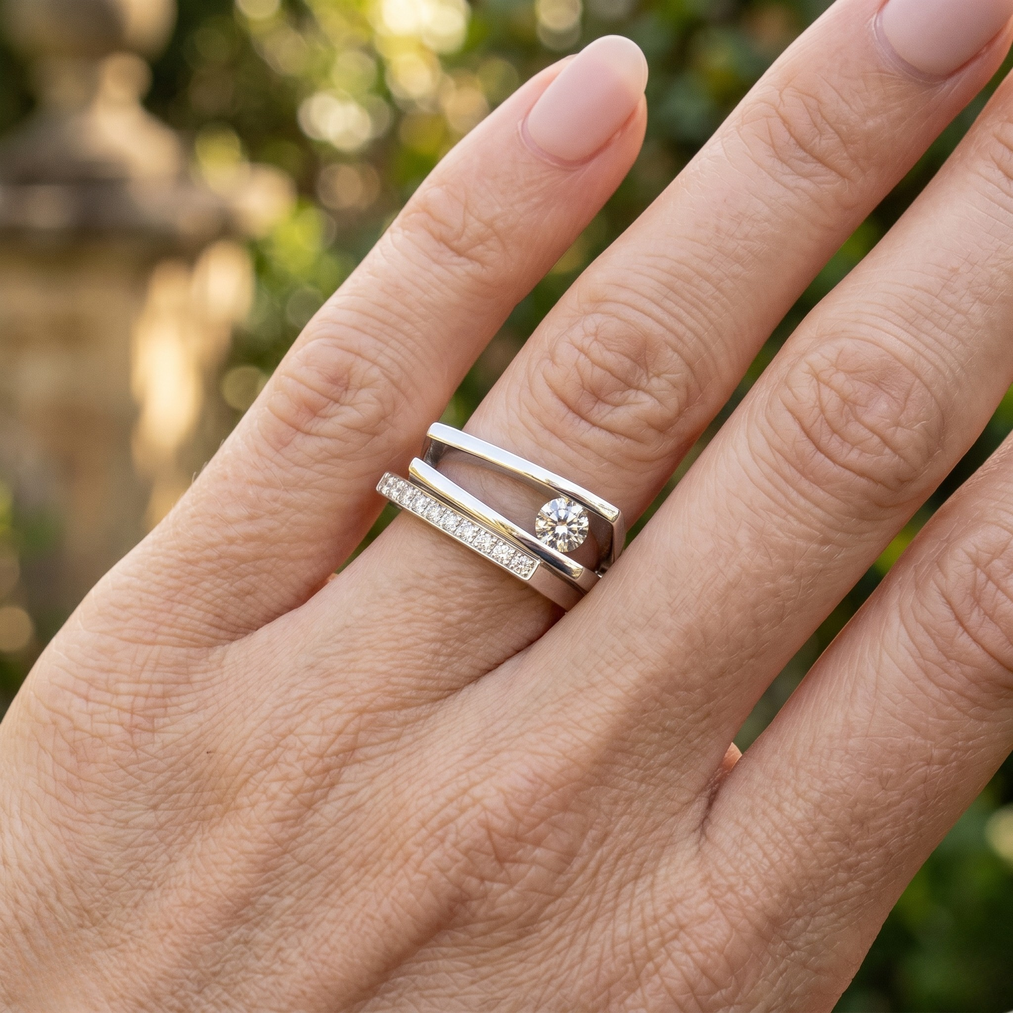 Geometric open-frame lab-grown diamond ring in white gold by Kiashaa Jewellery with 0.62 CTW of round diamonds.