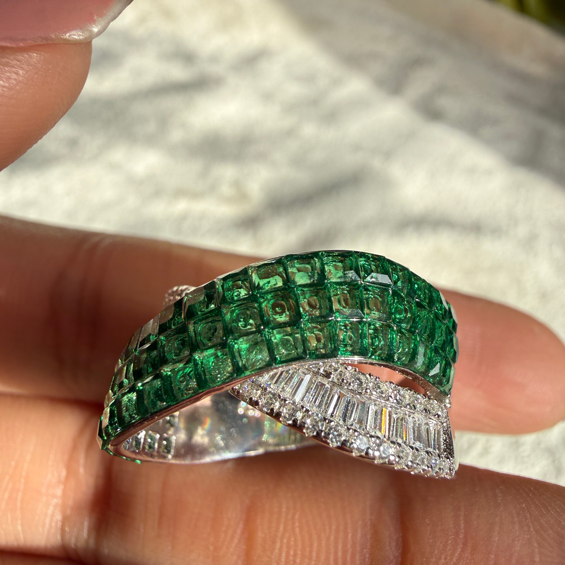 Green CZ and lab-grown diamond bypass statement ring by Kiashaa Jewellery.