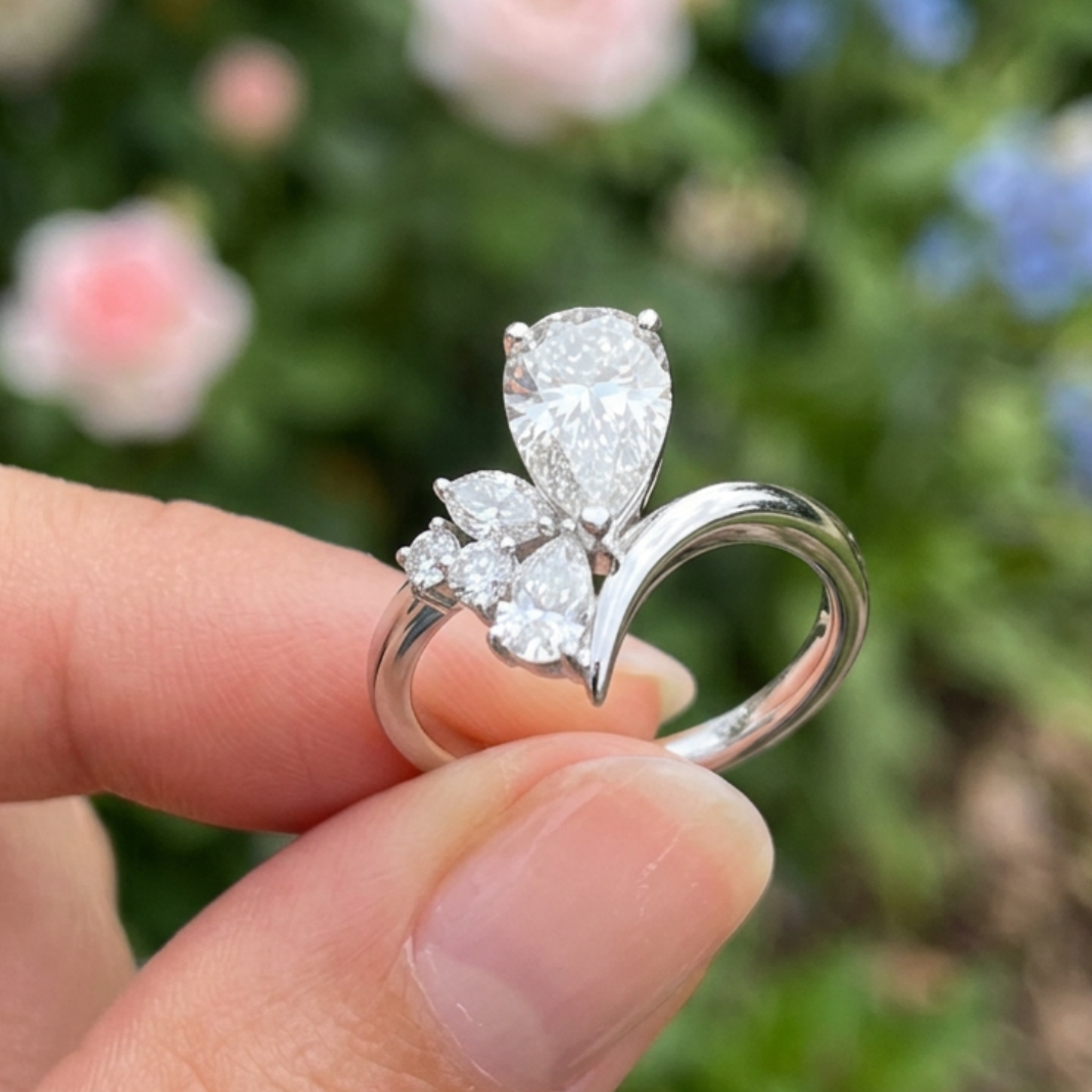 Flora Embrace 3 CTW lab-grown diamond ring by Kiashaa Jewellery with a 2 CT pear center and multi-shape side diamonds.