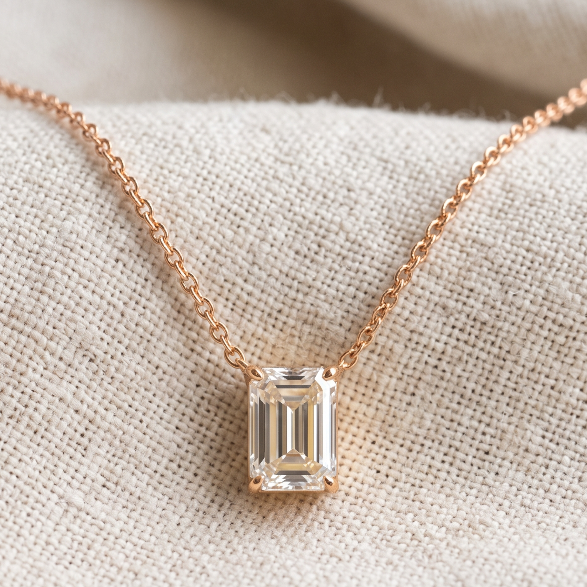 2.58 CT emerald-cut diamond solitaire pendant necklace in polished yellow gold.