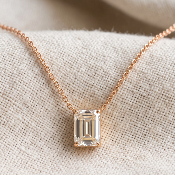 2.58 CT emerald-cut diamond solitaire pendant necklace in polished yellow gold.
