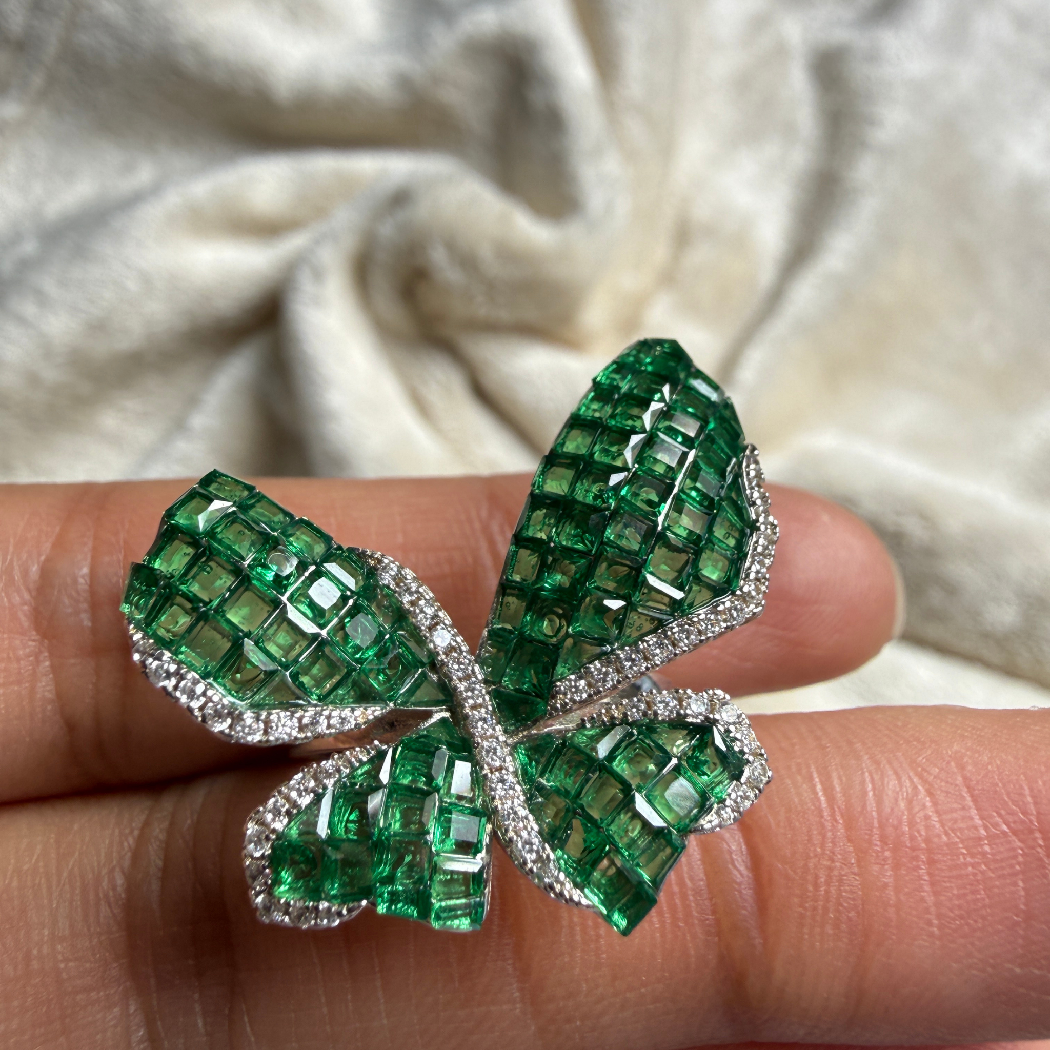 Green CZ butterfly and lab-grown diamond statement ring by Kiashaa Jewellery.