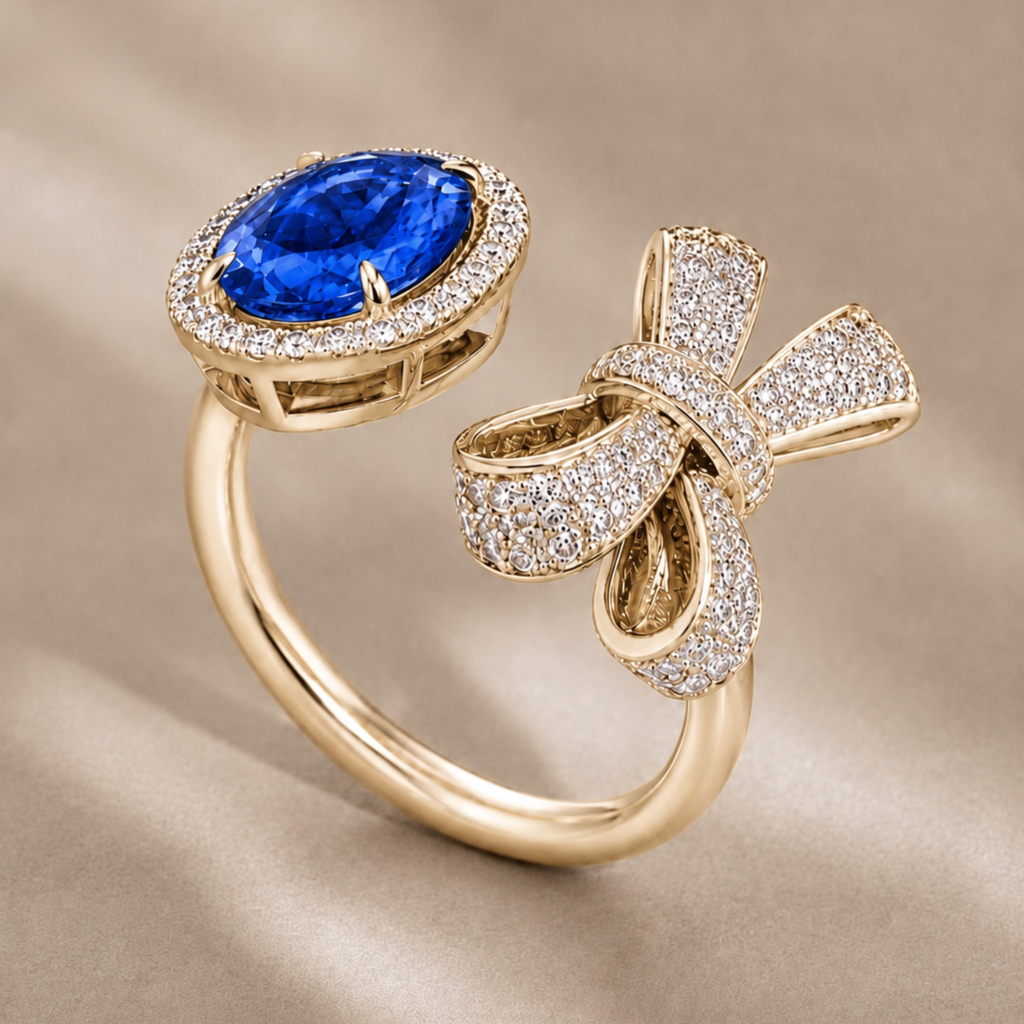 A yellow gold ring featuring a large oval-cut blue sapphire gemstone in a halo of small clear stones, with a bow-shaped setting paved with diamonds, shown on a beige satin background.